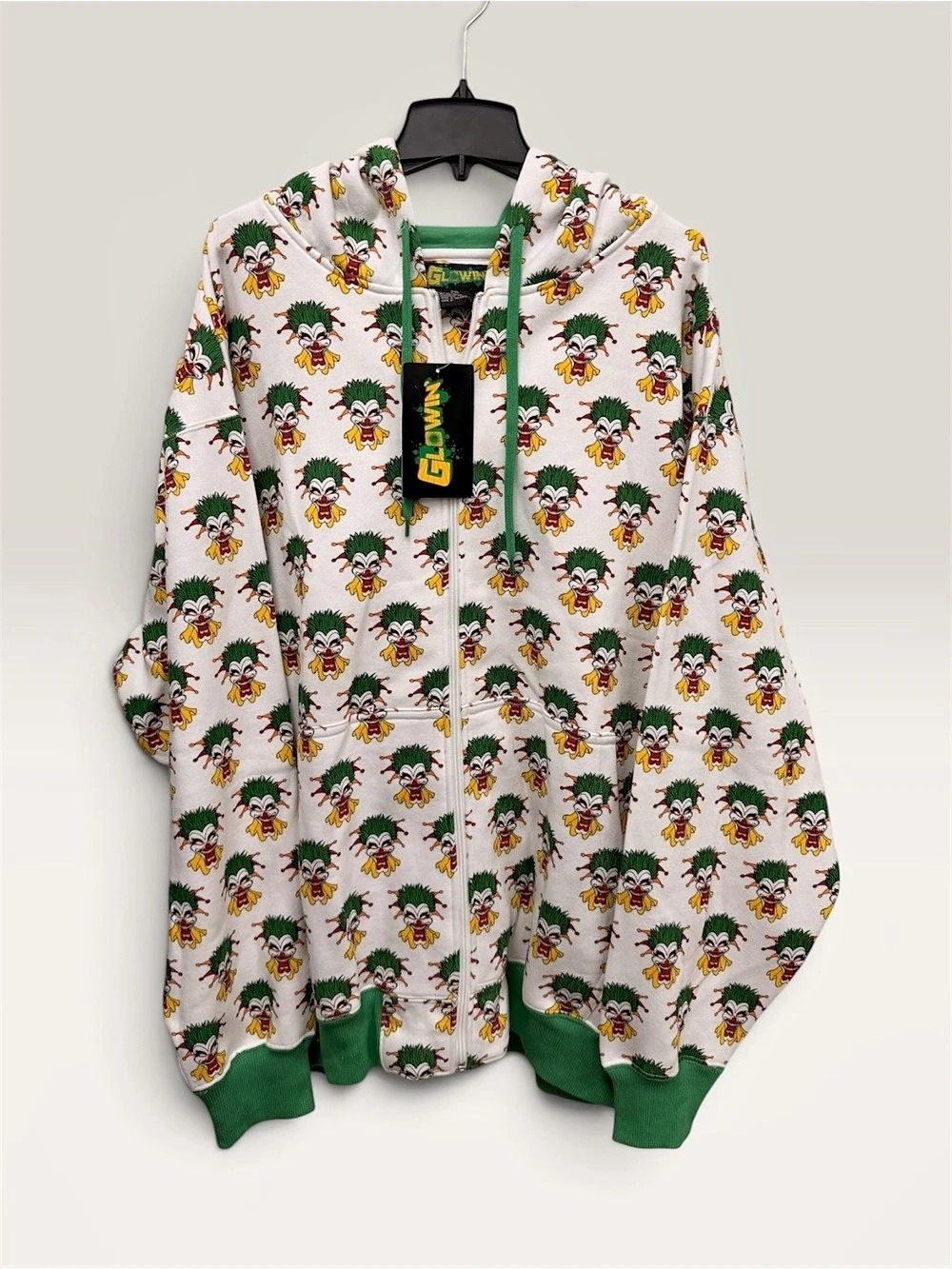 GLOWIN Y2K Hoodie Joker Graphic Zip Hoodie White & Green - NWT